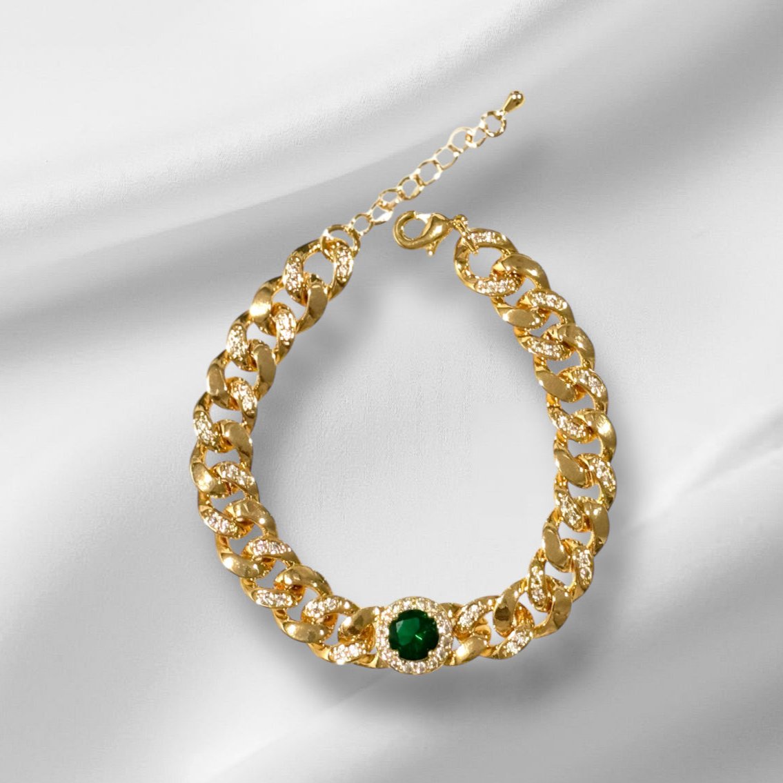 Green Emerald Single Stone Cuban Link Chain Bracelet
