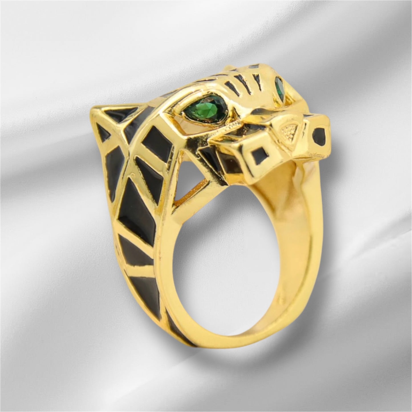 Vintage Tone Leopard Woman Ring Green Zircon Eyes