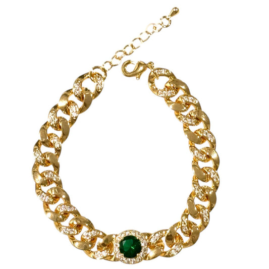 Green Emerald Single Stone Cuban Link Chain Bracelet